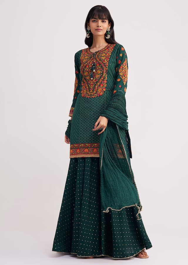 Bottle Green Silk Sharara Set