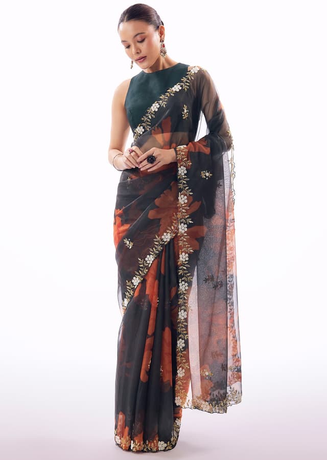 Navy Blue Organza Floral Printed Saree With Cutwork Border And Cutdana Sequin Embroidery